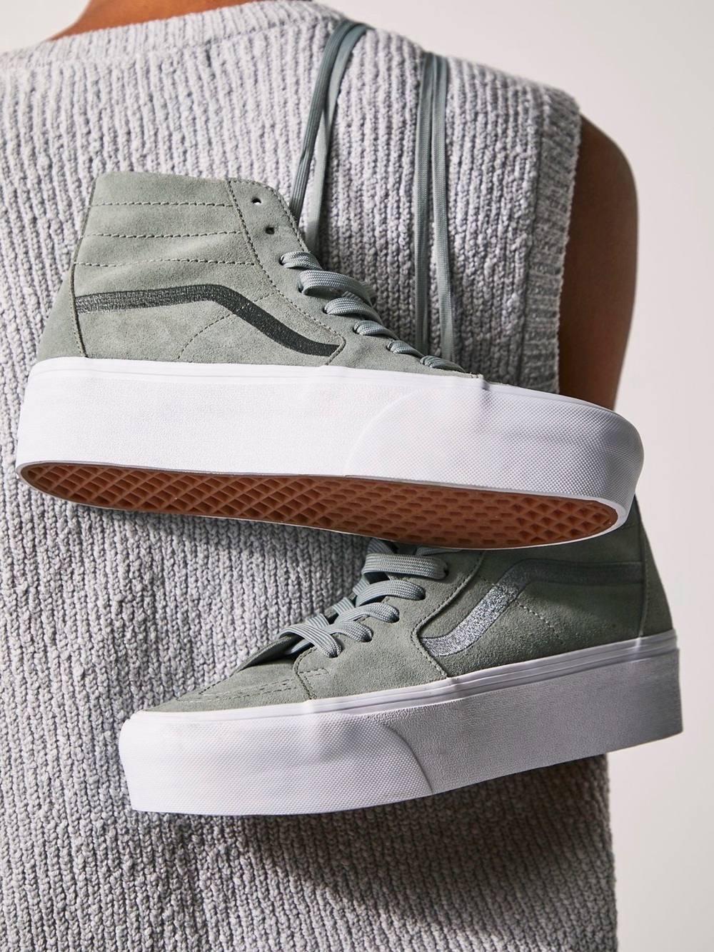 Vans Sk8-Hi Tapered Stackform Suede Mono Grey Green Embroidery Boho Platform W7